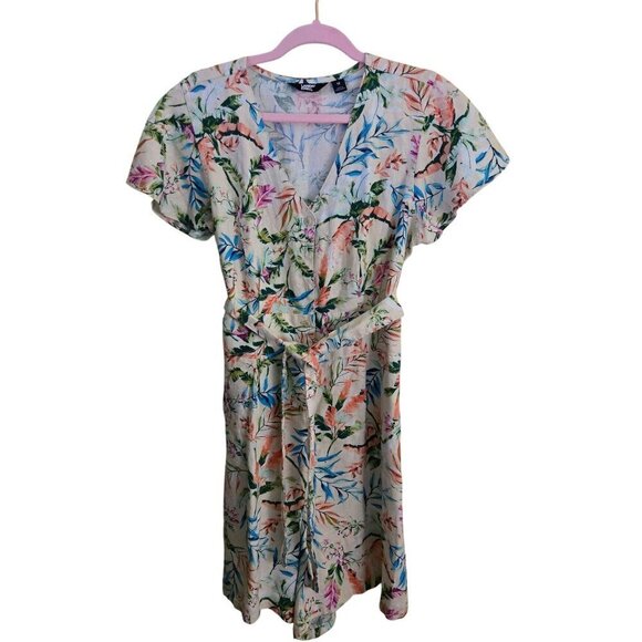 Lands' End NWOT Flutter Sleeve Linen Romper Antique Alabaster FloralPalm Size 12 - Picture 2 of 13